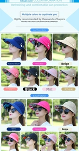 Detail of sun visor hat with pearl flower decor and various summer color options
