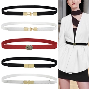 Elastic skinny waist belts for women in black, white and red with metal buckles