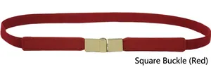 Detail of red elastic waist belt featuring a gold square buckle and faux leather finish