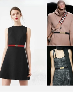 Styling detail of narrow elastic waist belts in black and red on various dresses