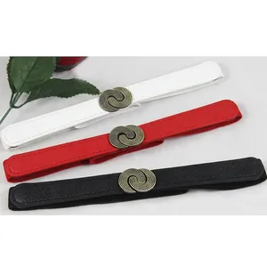 Elastic skinny waist belt set in white, red, and black with vintage metal round buckle