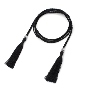 Ethnic style black braided rope waist chain with silver vintage accents and tassels