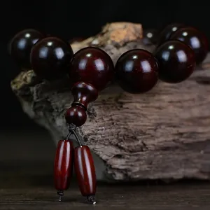 Authentic Red Sandalwood prayer beads bracelet with deep crimson polished wood finish