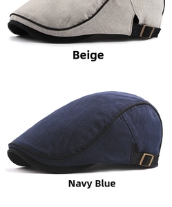 Detail of cotton beret hats featuring adjustable metal buckles and faux linen texture