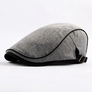 Breathable gray cotton beret flat cap with adjustable metal buckle and textured fabric