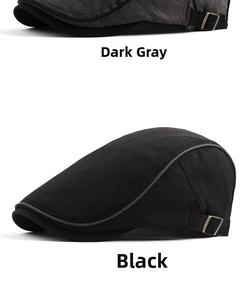 Detail view of cotton beret hats in black and dark grey with adjustable side metal buckles