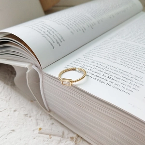 Minimalist S925 sterling silver adjustable gold ring with a rectangular cubic zirconia stone