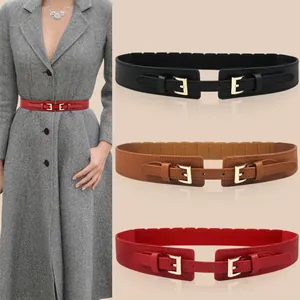 Women Elastic Waist Belt Faux Leather Cincher With Double Metal Buckles Fashion Elegant Decorative Cinch Belt For Dress Coat