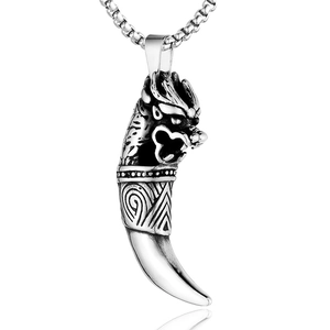 Collana con ciondolo a dente di lupo in acciaio inossidabile argento e testa di drago