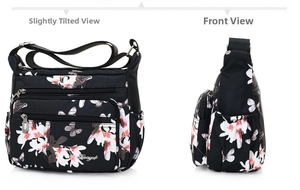 Floral print nylon shoulder bag with multiple zippered pockets and adjustable strap