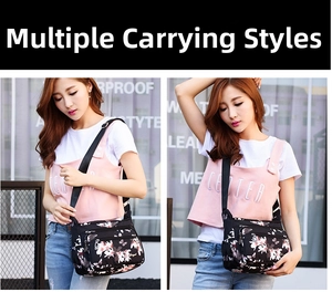 Detail view of floral nylon shoulder bag with multi-zipper pockets and durable design