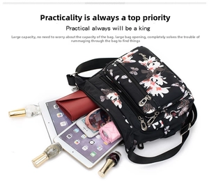Spacious nylon floral crossbody bag showing large capacity for tablet and daily items