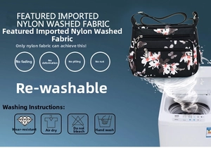 Washable nylon shoulder bag detail showing floral print and durable machine-washable fabric