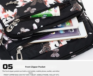 Detail of floral printed nylon crossbody bag showing multiple zippered compartments