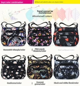 Detail view of nylon crossbody bags showing six different floral and geometric print patterns
