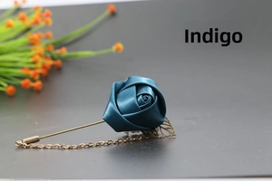 Indigo blue satin rose brooch detail with gold leaves and metal chain for suits