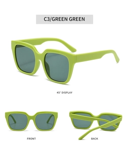 Three angles of square green sunglasses showing front, back, and 45-degree side views