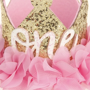 Sparkly gold one birthday crown with pink chiffon petals for baby girl party