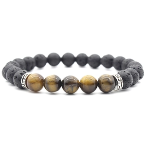 8mm lava rock and tiger eye stone beaded bracelet with silver alloy accent beads