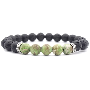 Neutral 8mm black lava stone bracelet with green textured marble beads and silver spacers