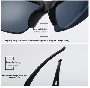 Detail of integrated nose pads and streamlined temples on black cycling sunglasses