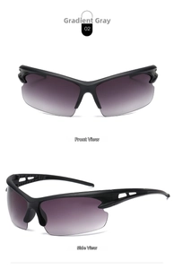 Detail of gradient grey lenses and semi-rimless frames on outdoor cycling sunglasses