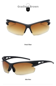 Detail view of sport cycling sunglasses featuring gradient brown lenses and vented frames