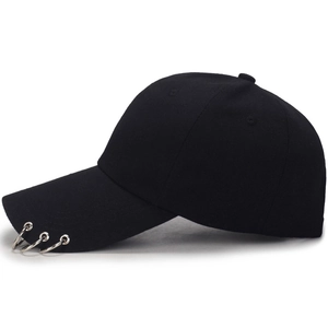 Classic black cotton baseball cap with three silver metal rings on the curved brim