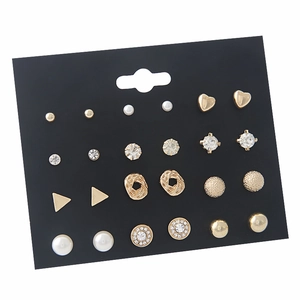 Geometric Heart Faux Artificial Pearl Rhinestone Stud Earrings Korean Style Versatile Metal Jewelry With Steel Earring Post Women