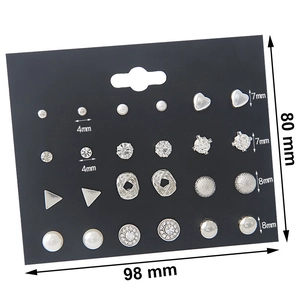 Set of 12 pairs of minimalist pearl and zircon stud earrings with size measurements