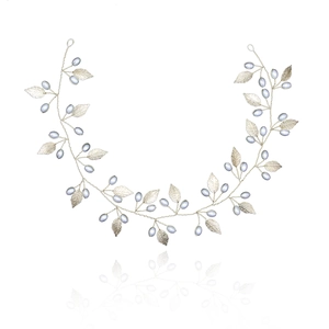 Handmade silver leaf bridal headpiece with lavender pearls in a flexible vine design