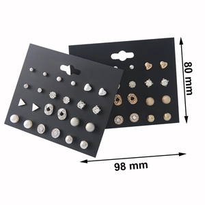 Detail of assorted geometric pearl and rhinestone stud earring set with dimensions