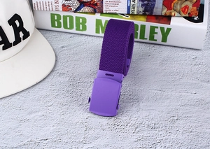 Detail view of purple nylon canvas belt with a smooth matching painted buckle for unisex