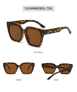 Three-angle view of tortoiseshell square sunglasses with dark brown lenses and C4 code