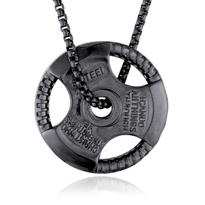 Black dumbbell plate pendant necklace in stainless steel with engraved quote on box chain