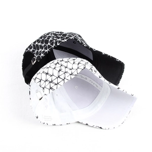 Detail view of cotton baseball caps with geometric patterns and 100% cotton inner label
