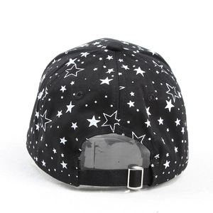 Black cotton baseball cap with white star prints and adjustable metal buckle