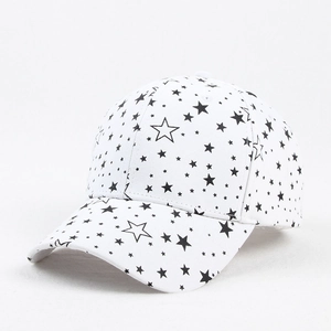 Close-up of white cotton baseball cap featuring black star patterns and curved brim detail
