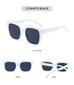 Three-way view of white square frame sunglasses with black protective lenses