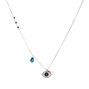 Rose gold Evil Eye pendant necklace with blue stones and pave crystals on a dainty chain