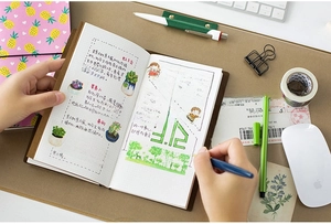 Macro shot of grid pages in a vintage travel journal with hand-drawn botanical sketches