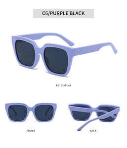 Detailed views of lavender square sunglasses with dark lenses from multiple angles