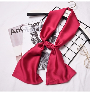 Detail of dark red satin silk scarf tied on a white hanger with magazine background