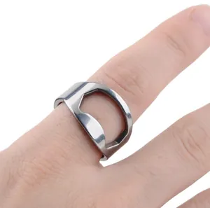 Stainless steel ring bottle opener shown on finger with a minimalist white background