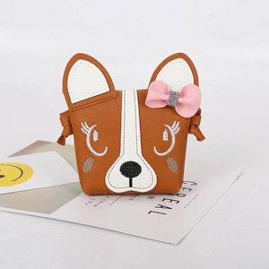 Cute puppy shoulder bag for kids with pink bow and embroidered corgi dog design