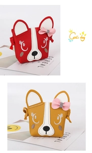 Detail of cute cartoon puppy shoulder bags with 3D ears and embroidery for kids