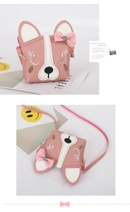 Detailed view of pink puppy crossbody bag for kids featuring a sequin bow and 3D ears
