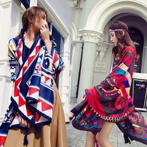 Women Bohemian Ethnic Paisley Print Shawl Scarf Polyester Tassel Sunscreen Large Wrap For Seaside Beach Travel