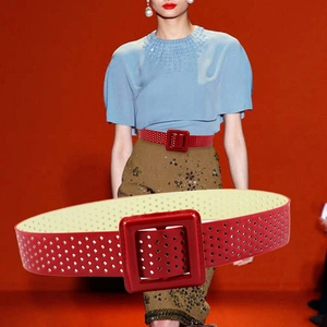 Red wide corset belt with square buckle and laser-cut hollow dots for women dresses