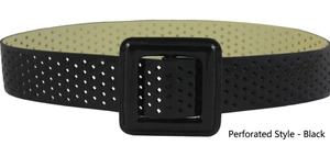 Detail of a black wide waist belt featuring a laser-cut hollow pattern and square buckle